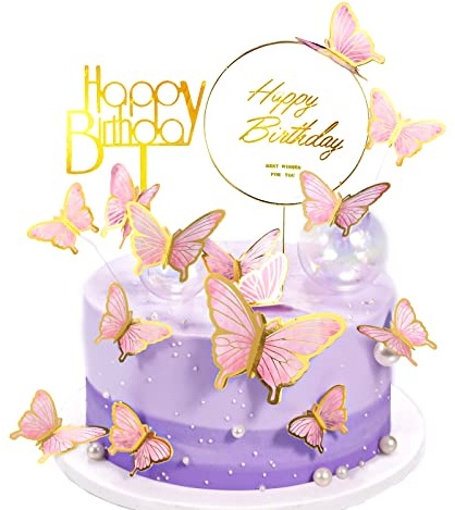 HNLMZ Schmetterlinge Tortendeko,22 Stück Tortendeko Geburtstag Tortendeko Geburtstag Mädchen,Kommt mit 2 Acryl-Kuchenaufsätzen zum Geburtstag für Geburtstagsfeiern,Mädchen(Rosa)
