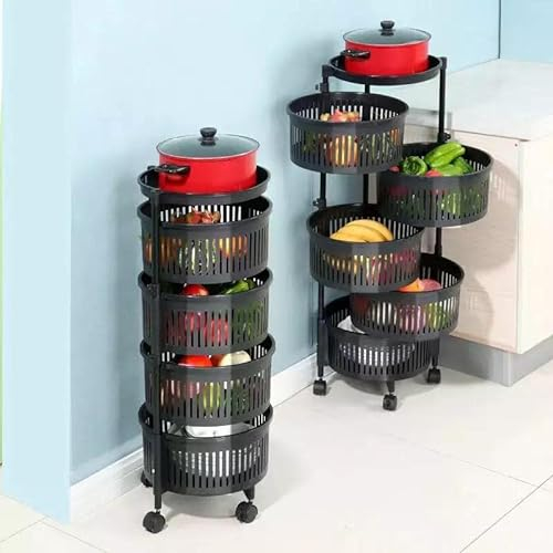Easy Shopping® Kitchen Basket 5 Tier Round Layered Shelf Storage Rack Rotating Moveable Vegetable Fruit Basket Shelves Black