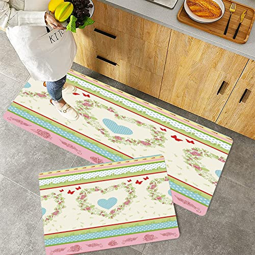 Küchenteppich Teppich Läufer Küchenläufer 2 Stück rutschfest,Shabby Chic Dekor, Landhausstil Rosen und Ränder Schmetterlinge Ameisen Herz Formen Tupfen, Waschbar für Flur Küche 40 x 100 cm+40 x 60 cm