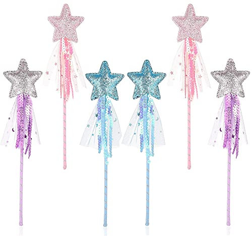 Wenrou 6 Pièces Baguette Magique, Baguette, Bâton De Fée, Baguette De Fée, Baguett Étoile, Costume pour Fête Noël Accessoire De Costume (Rose, Violet et Bleu)