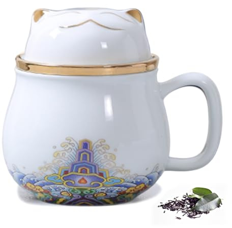 DEARART Taza de té blanca con colador, tapa y platillo de cerámica, taza de té chino de bonito diseño, 300 ml