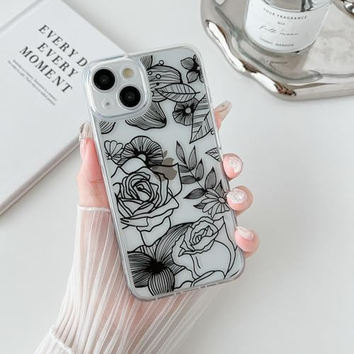 XIZYO Transparente Rose Blume Hülle für iPhone 15, Schwarz | Niedlich Ästhetische Floral Muster, Durchsichtige Schutzhülle, Weiche TPU, Luxus Schlanke Stoßfeste, für Mädchen Frauen