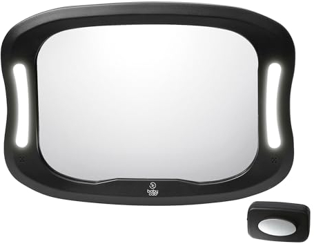 babycab Baby-Rückspiegel mit Licht schwarz - zuschaltbares LED-Licht - Befestigung mit Kreuzbändern & Schnallen - flexibel einstellbar (360° Rotation) - inklusive Fernbedienung
