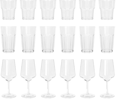 Argon Tableware Reusable Plastic Glasses - 260ml Tumbler, 400ml Highball, 500ml Wine Glass - 18pc Set - Plastic Glassware Set - Tumbler Drinking Cups for Garden, Parties, Weddings, BBQ and Picnic