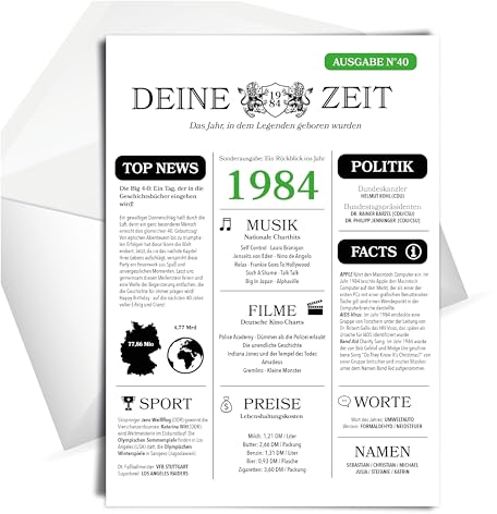 heaven+paper® 40 Geburtstag Frau/Mann | DIN A5 Karte mit Umschlag | 1985 Jahrgang Geburtstagskarte Mann/Frau aus FSC zertifizierten Naturpapier | Individuell designed | Made in Germany