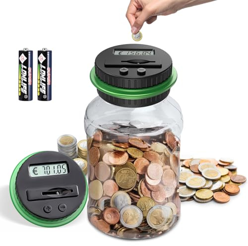 Digitale Spardose mit Zähler, 1.8L Groß, LCD Display für Kinder, Erwachsene | Elektronisch Sparschwein, Transparente Münzzähler Automatisch, Euro Spardose, Weihnachtsgeschenke für Kinder (Grün)
