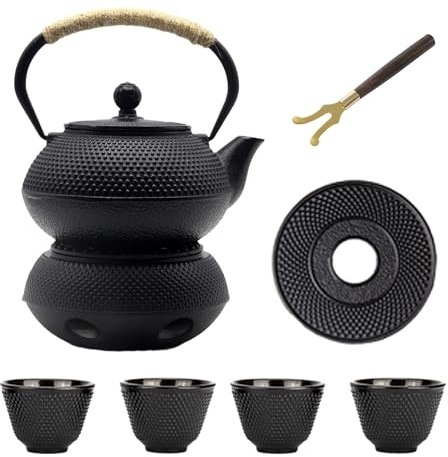 Teiera in ghisa piccola da 890 ml, con scalda-candela, bollitore giapponese per piano cottura, teiera nera e tazza da tè, teiera con colino per foglie sfuse (900 ml)