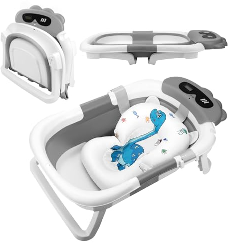 Williyatt Vaschetta da Bagno Pieghevole, Vaschetta Bagnetto Neonato con Indicatore di Temperatura, Vaschetta da Bagno Portatile con Tappetino Antiscivolo, Foro di Drenaggio, per Bambini da 0 a 36 Mesi