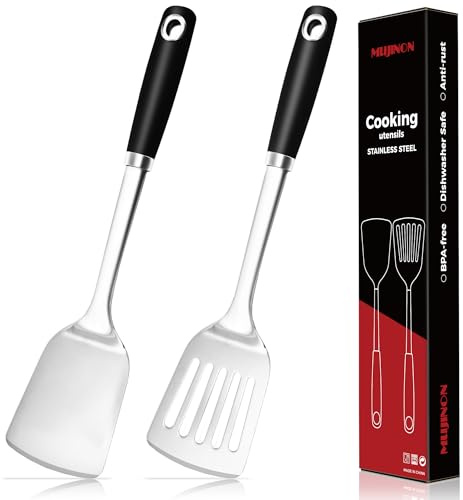 MUJINON 14-in Spatula Set, 18/0 Stianless Steel Heavy Duty Turner & Slotted Spatula, Kitchen Cooking Utensils Set, High Heat Resistant, Grilling Frying Serving Food, Pack of 2