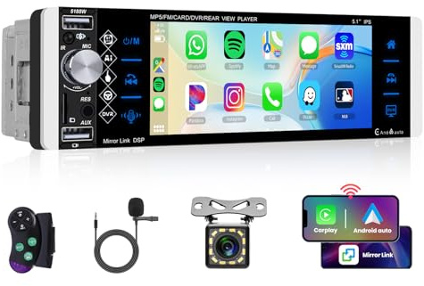 Hodozzy 1 Din Autoradio Carplay und Android Auto 5,1 Zoll Touchscreen Bildschirm mit Mirror Link Bluetooth EQ/FM/AM/RDS Radio Rückfahrkamera, Autoradio MP5 1 Din Player Unterstützung USB AUX TF