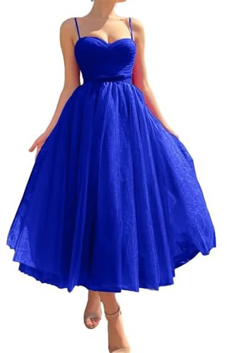 HPPEE Robe de bal en tulle longueur thé pour adolescents 2024 A Line Sweetheart bretelles spaghetti robe de soirée formelle, bleu marine, 40