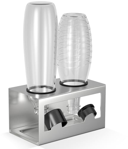 HOMMAND Portabotellas para Botellas SodaStream, para Drenaje de 2 Botellas, Incluye Anillos Protectores de Silicona, Bandeja de Escurrido y Soporte de Tapa, Plata