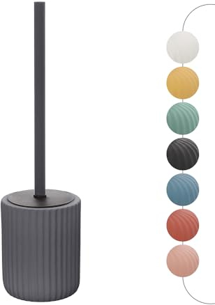 Inbagno Porta scopino WC Grigio cannettato in Ceramica Soft Touch, setole Nere Anti-igieniche con paraspruzzi, Spring