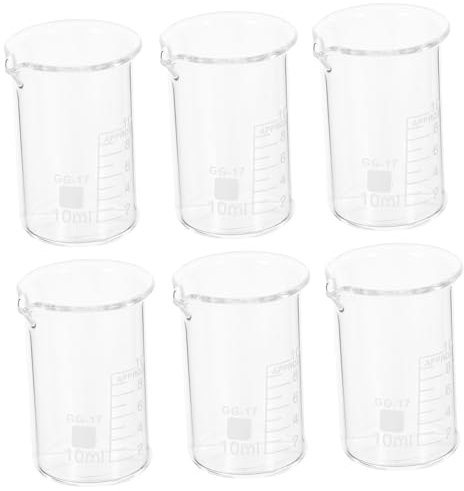 KICHOUSE Juego De 6 Vasos Medidores De Vidrio Resistente Al Calor 10 Ml Para Laboratorio y Química, Vasos De Precipitados Escala Precisa Para Medición De Líquidos Laboratorio y Cocina