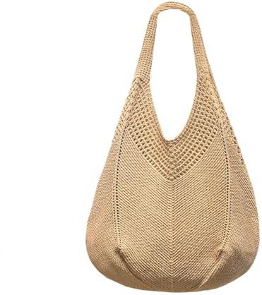Borsa Donna a Spalla in Maglia - Borsa Mare Boho per Spiaggia, Vacanze e Shopping, Borse Tote Hobo Intrecciate, Borsa Paglia da Spiaggia (Marrone)