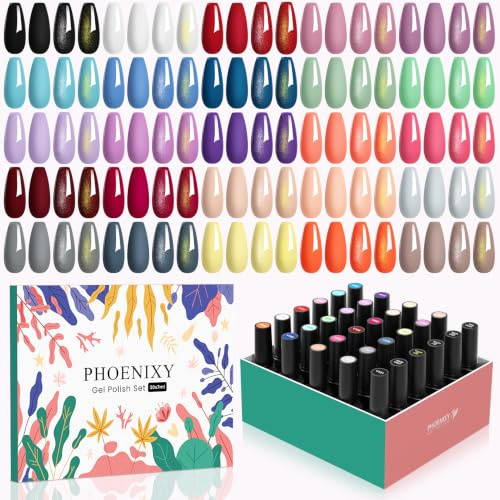Phoenixy Gel Nail Polish Set - 30pcs Gel Nail Polish Nail Varnish Sets | 25 Colours 7ml Nail Polishes with Base Coat Top Matte Glitter Golden Coat Nail Gel Polish Manicure Set Gift for Women