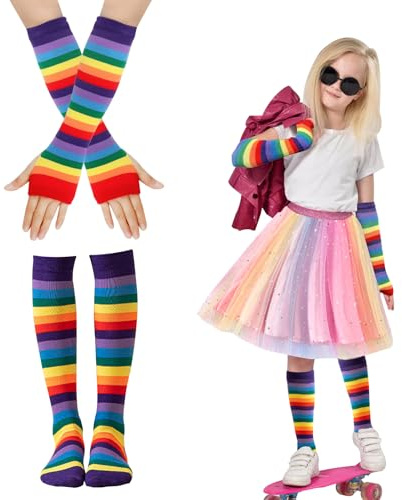 Calentadores Niña Años 80, Calentadores Niña Fluor y Guantes de Red de Pesca de Neón Cálido Calentadores de Piernas Para Niñas Fiesta Temática de Vestidos de Lujo para La Década (Multicolor, 1)