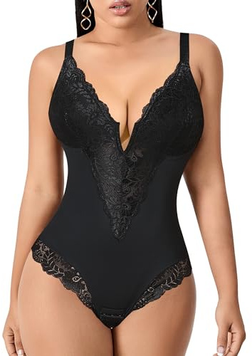 YARRCO Body Gainant Femme Ventre Plat String Gaine Amincissante Body Sculptant Bodysuit Shapewear Col V Dentelle Corset Minceur Lingerie Camisole Top avec Bretelles Réglables Invisible (Noir,S)