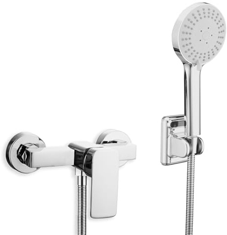 Wall Mounted Shower Mixer Tap Set Manual Exposed Shower Mixer Valve with G1/2 Outlet (Down) Bathroom Tub Mixer Tap Chrome Shower Faucet with 3-Spray Shower Head, Holder, 1.5M Hose