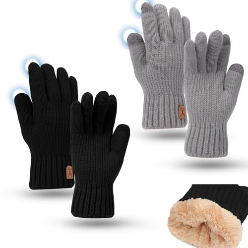 Mayoii 2PCS Winter Gloves for Men and Women,Thermal Knit Touchscreen Gloves with Fleece Lining,Womens Mens Glove Touchscreen for Running,Ski,and Cold Weather (Black+LightGray, One Size)