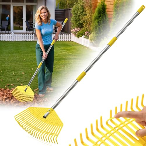 Râteau à feuilles de jardin, manche de 190 cm, 23 dents solides, tête en plastique, 42 cm de large, râteau de jardin pour pelouse, feuilles, jaune