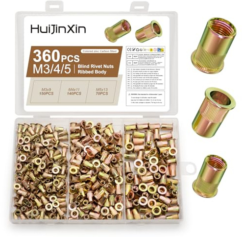 360 Pcs Rivet Nuts Kit, Rivnuts Kit, M3 M4 M5 Flat Head Threaded Insert Nuts, Carbon Steel Threaded Insert Nutsert Blind Rivet Inserts Nut Assortment Set for for Metal Sheets (360, M3-5)
