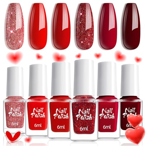 Nail Polish Set 6 Colors - Red Nail Varnish Quick Dry - Colorful Dark Red Nail Polish Bright Red Nail Polish Glitter - Nail Varnish Sets for Women Nail Art DIY, No Need Curing