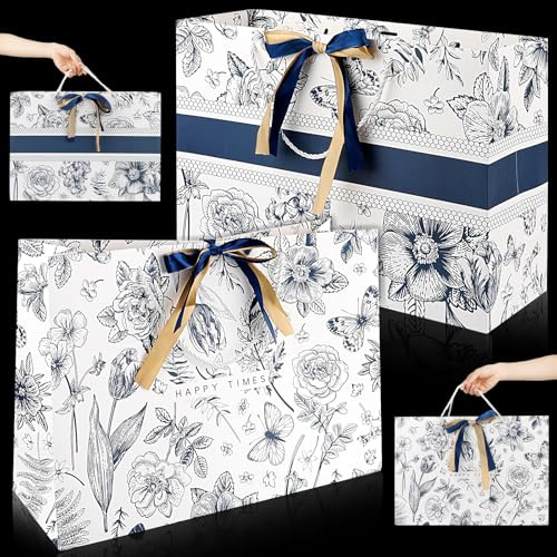Nexlynk 2 Stück extra große Geschenktüten Blau Geschenktüte mit Henkel und Band 42×30×15 cm Blumenmuster Papier Geschenkbeutel Party Geschenkbeutel für Geburtstag Hochzeit Baby Shower