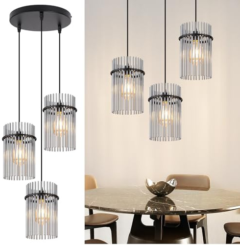 Lichtmaler Pendelleuchte 3 Flammig Hängelampe Schwarz Hängeleuchte Esstisch | Esszimmerlampe Glas Rund Pendellampe E27 Vintage für Esszimmer Küche Wohnzimmer Cafe Bar (ohne Leuchtmittel)