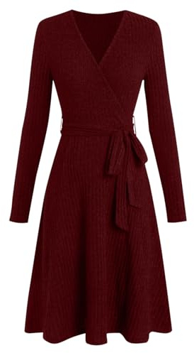 Robe pull pour femme - Ligne A - Robe portefeuille côtelée élégante - Col en V - Robe tricotée - Manches longues - Longueur genou - Robe d'hiver avec ceinture, Bordeaux, S