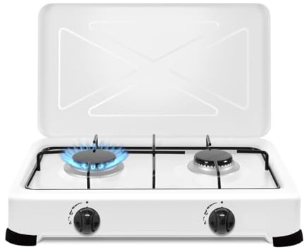 Cocina de Gas Portáti Fuegos con Tapa, Quemadores de Acero Inoxidable, Control de Llama Ajustable, Compatible con Butano y Propano, Hornillo Compacto para Camping, Caravana y Picnic, Blanco (2 Fuegos)