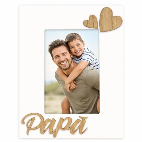 Instant Project Cornice Papà Legno Bianca Foto 10x15 Scritta Papà e Cuori Decorativi – Portafoto Fotografia Verticale con Vetro – Idea regalo Padre, Babbo, Compleanno, Natale, Festa del Papà