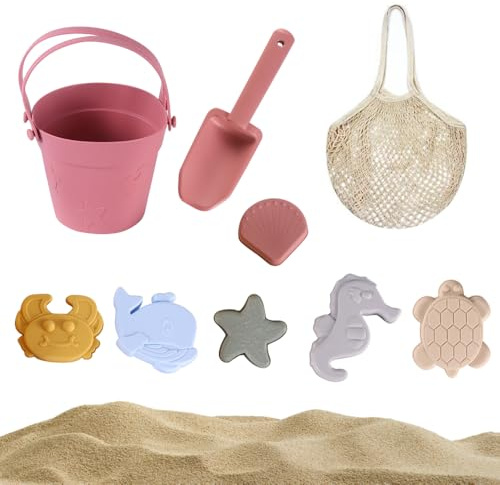 RNPKZ Sandleksaksset av silikon, strandleksak för barn, 9-i-1 strandleksak i silikon, set med hink, nätpåse, spade, 6 sandformer, strandset, sandleksaker för pojkar och flickor (röd)