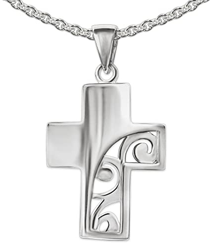 Clever Schmuck Set di ciondolo da donna in argento con croce larga 19 mm bombata lucida a destra parzialmente aperta con elegante bordatura e catenina a pisello 42 cm in argento Sterling 925