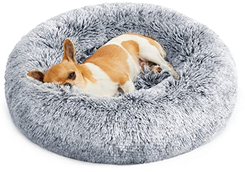 Feandrea Hundebett flauschig, Katzenbett, Donut Kissen, waschbar, Polsterung in der Mitte herausnehmbar, Langer Plüsch, 50 cm Durchmesser, Ombré-Grau PGW037G01