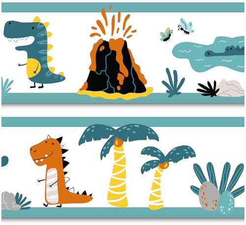 Bordüre 15cm x 200cm für Kinderzimmer Babyzimmer Dekor Aufkleber Wandbordüre selbstklebend Wandtattoo für Kinder Mädchen Junge Y033 (Dinos)