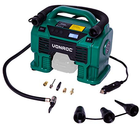 VONROC Compresor VPower 20V - Batería de 20V y enchufe de 12V para el encendedor de cigarrillos - 11 bar - Incl. 8 accesorios - Excluyendo batería y cargador