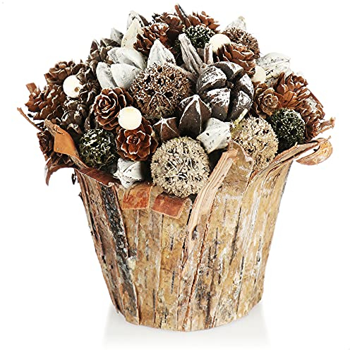 com-four® Weihnachtsgesteck im Blumentopf - mehrere Zapfensorten im dekorativen Topf aus Rinde - handgemachtes Blumenarrangement als Tischdeko (1 Stück - 18cm - weiß - Perlen)