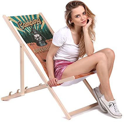 DreamRoots Liegestuhl klappbar Buchenholz, Camping | Klappliegestuhl Holz, Buchenholz, bis 130 kg, 3-fach verstellbar, waschbarer Polyesterbezug, für Garten & Terrasse