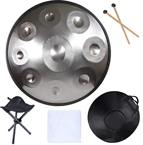 Handpan Drum Instrument in D-Moll - 432 Hz Stahl Handtrommel für Klangheilung & Meditation, inklusive Tasche, Schlägel & Ständer