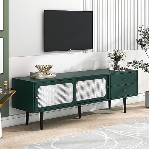 kubeier Modernes Design TV-Schrank,TV-Schränke, TV-Lowboard mit weißem Rattan, 2 Schubladen, 2 Rattan-Schiebetüren, 4 Fächer mit beweglichem Laminat, grün mit weißem Rattan