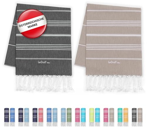 LeStoff Hamamtuch 2er-Set, 100% Bio-Baumwolle, 95x180 cm, Anthrazit + Beige | Reisehandtuch, Campinghandtuch, Badetuch, Saunatuch und Strandtuch – vorgewaschen, nachhaltig, saugstark und schnelltrocknend