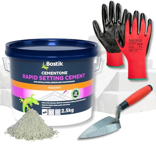 Cement Ready Mixed Bundle with 2.5kg Bostik Cementone Rapid Setting Cement Mix, 6 Pointing Trowel, & Safety Gloves | Quick Drying | Ready Mix Concrete Filler for Indoor & Outdoor Mortar Repair
