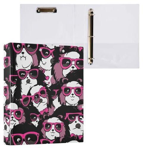 Pandas with Pink Glasses 3 Rings Binders 1-1/2 Inch with 3 Interior Pockets, Round Ring Binders D Ring Binder for School Office Supplies, 1 Pack