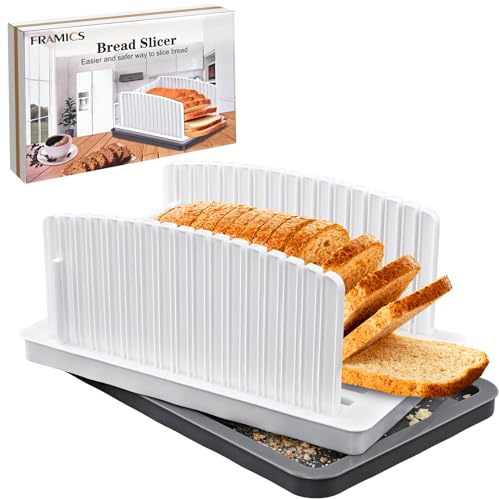FRAMICS Affettatrice per pane fatto in casa, affettatrice per pane a lievito naturale con vassoio, guida manuale per affettare il pane con larghezza regolabile e pieghevole, per pagnotta, bagel,