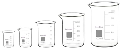 BorinGlass Glas-Messbecher-Set, 5-Teilig, Hochborosilikatglas, Graduierte Becher in 5 Größen, 50 ml / 100 ml / 250 ml / 500 ml / 1000 ml