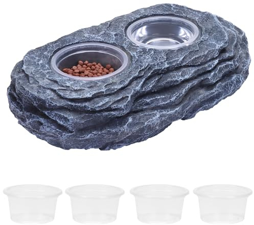 AIICIOO Dual Reptile Magnetic Feeder Ledge Rock Form Gecko Feeding Holder Trinkschale Gecko Terrarium Dekor Wasserschale Eidechse Fütterung Tasse für Chamäleon Schopfgecko Bartagame mit 6 PCS Schale