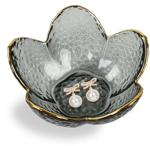 Dmnnlp Glass Trinket Dish, Unique Gift for Women Jewellery Tray, Cute Birthday New Home Gift for Her, Ceramic Floral Jewelry Plates for Decorating Room Bedroom Rings Earrings Necklace Storage (Grey)