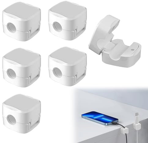 6PCS Cord Organizer Holder White Cable Organizer Hide Phone Charging Cable Keeper Secure Magnetic Desk Cable Clips Management for Home Office Desk Bedside Tables Kitchen Car and Wall