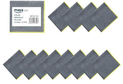Maya - Bayetas de Microfibra para Limpieza sin Dejar Rayas | 36x38 cm | Pack de 12 Paños Fast 270G Antibacterias para Cocina, Cristales y Acero Inoxidable (Gris/Amarillo)